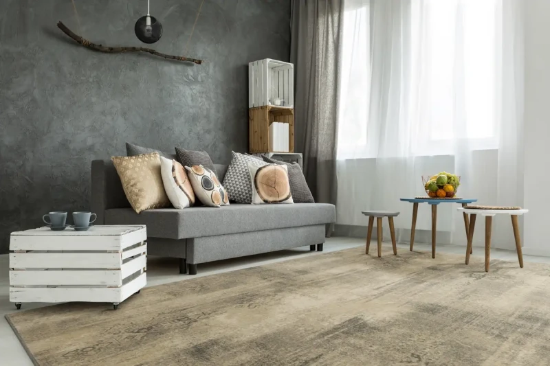 Dywan wełniany vintage Agnella Isfahan Fulvia popielaty w salonie