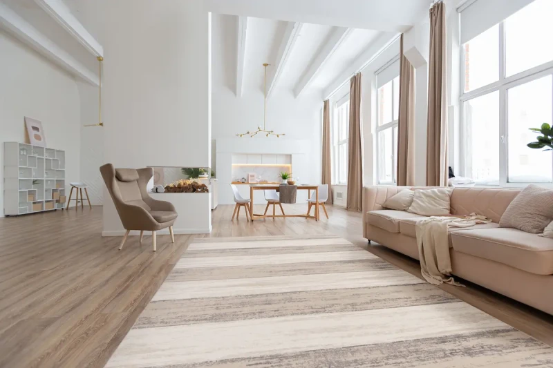 Dywan wełniany w pasy Agnella Isfahan Bellino szary w salonie