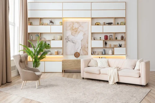 Dywan wełniany Agnella Agnus Berien biały w salonie