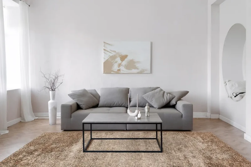 Dywan wełniany Calisia Corail jasny beż w salonie.webp