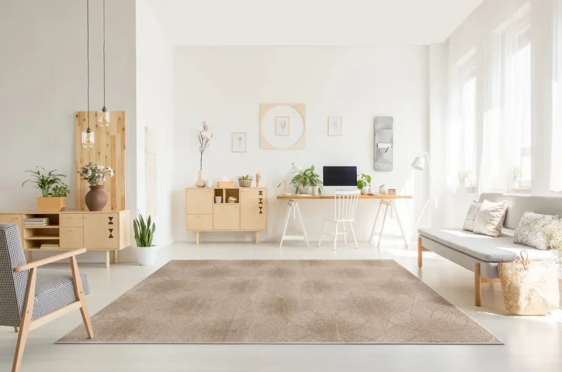 Aranżacja salonu z dywanem nowoczesnym FD Lida Simo beż