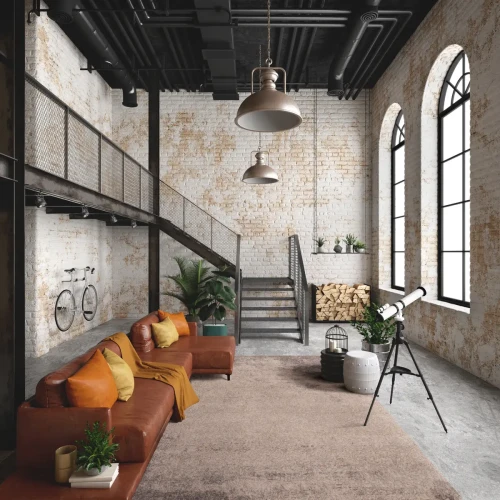 Dywan wełniany w loftowym salonie Calisia Corail piaskowy.webp