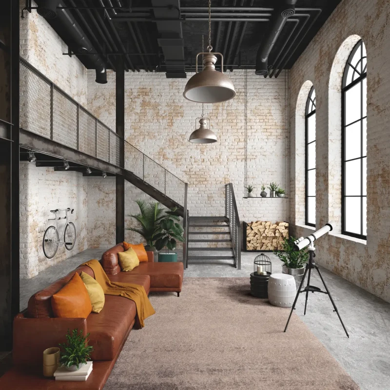 Dywan wełniany w loftowym salonie Calisia Corail piaskowy.webp