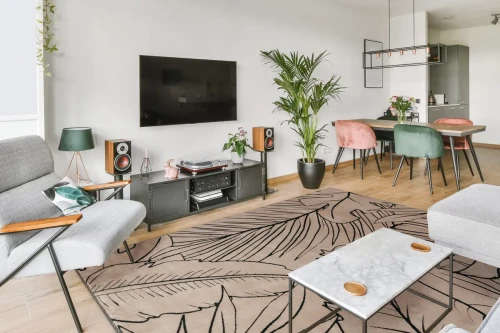 Aranżacja salonu z dywanem nowoczesnym FD Lida Norio beż