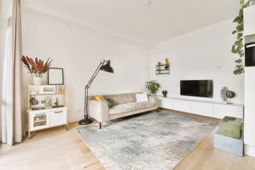 Aranżacja salonu z dywanem loftowym FD Sensi Soro miętowy