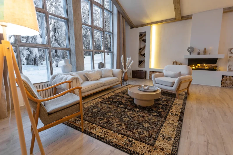 Dywan tradycyjny vintage FD Standard Kadir beżowo-czarny w salonie