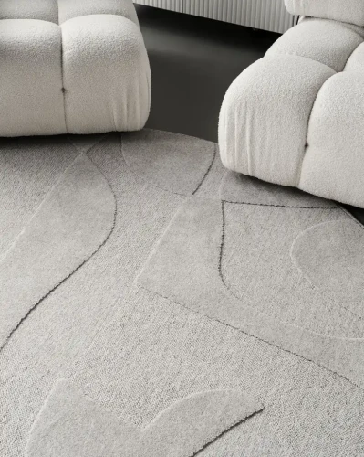 Dywan okrągły wełniany Agnella Ladnini Morphic Botanica jasny szary - runo 3d