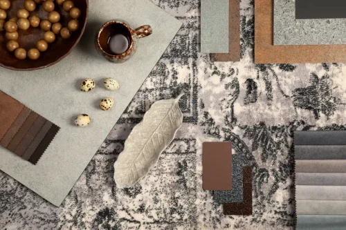 Dywan wełniany Agnella Calisia Eddie grafitowy (binding) rzut z góry z aranżacją