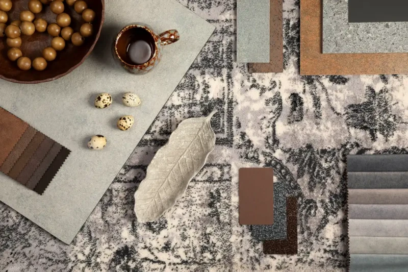 Dywan wełniany Agnella Calisia Eddie grafitowy (binding) rzut z góry z aranżacją
