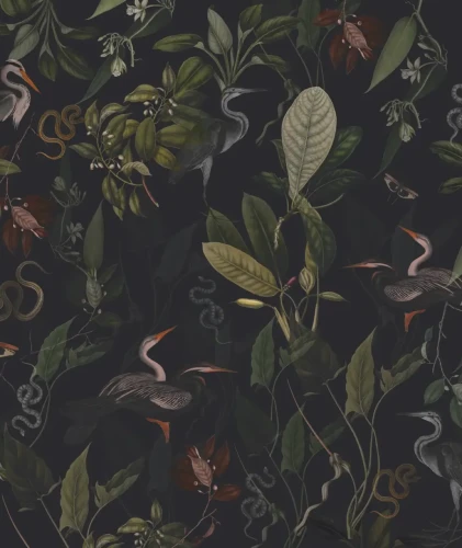 Tapeta Dark Heron z czaplami na ciemyn tle.webp