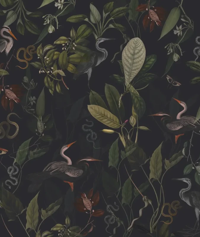 Tapeta Dark Heron z czaplami na ciemyn tle.webp