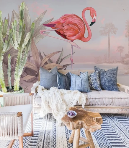 Mural z flamingiem Crimson Flamingo Pink w salonie w stylu boho.webp