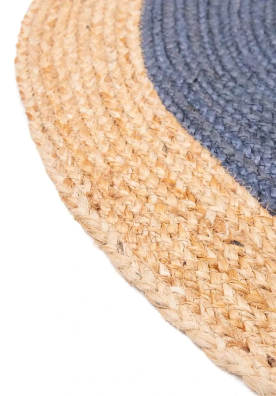 Brzeg  dywanu okrągłego z juty bordiura szaro-granatowego