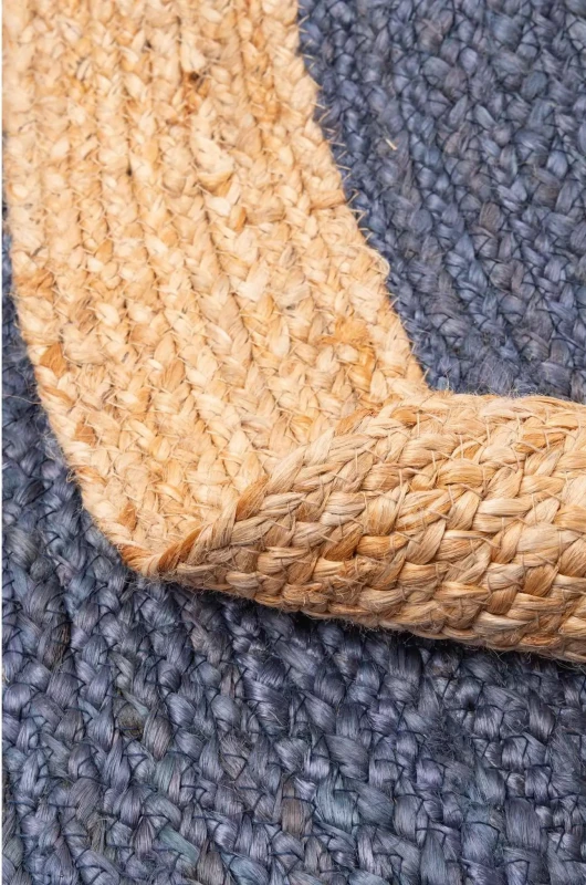 Płaskotkany dywan okrągły z juty bordiura szaro-granatowy