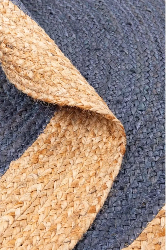 Obustronny dywan okrągły z juty bordiura szaro-granatowy