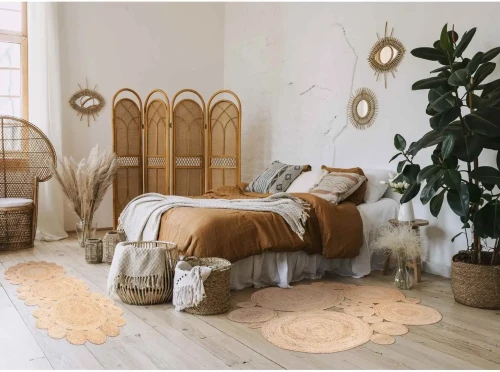 Dywan ekologiczny z juty ażur beżowy w sypialni