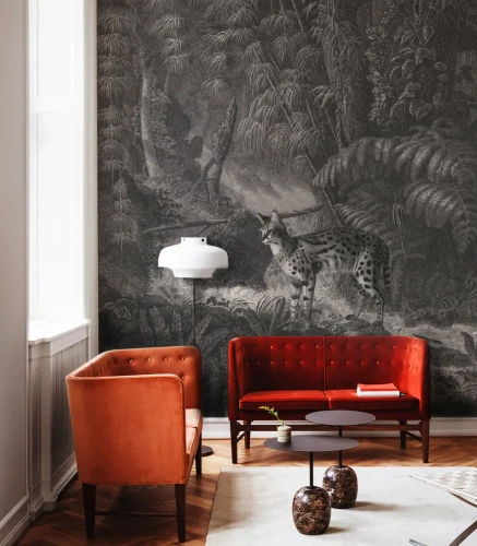 Elegancki salon z muralem Palms and cats.webp