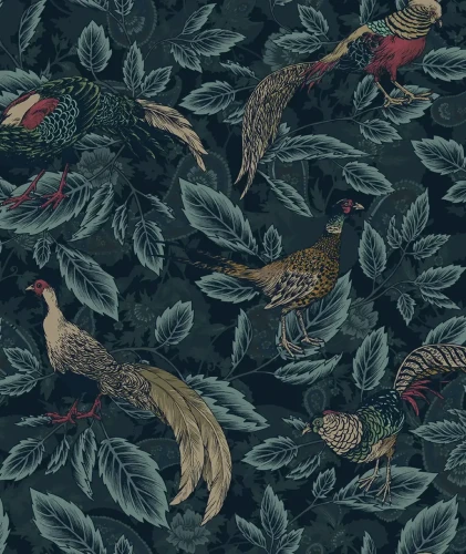 Tapeta z bażantami wśród roślinności Painted Pheasants.webp