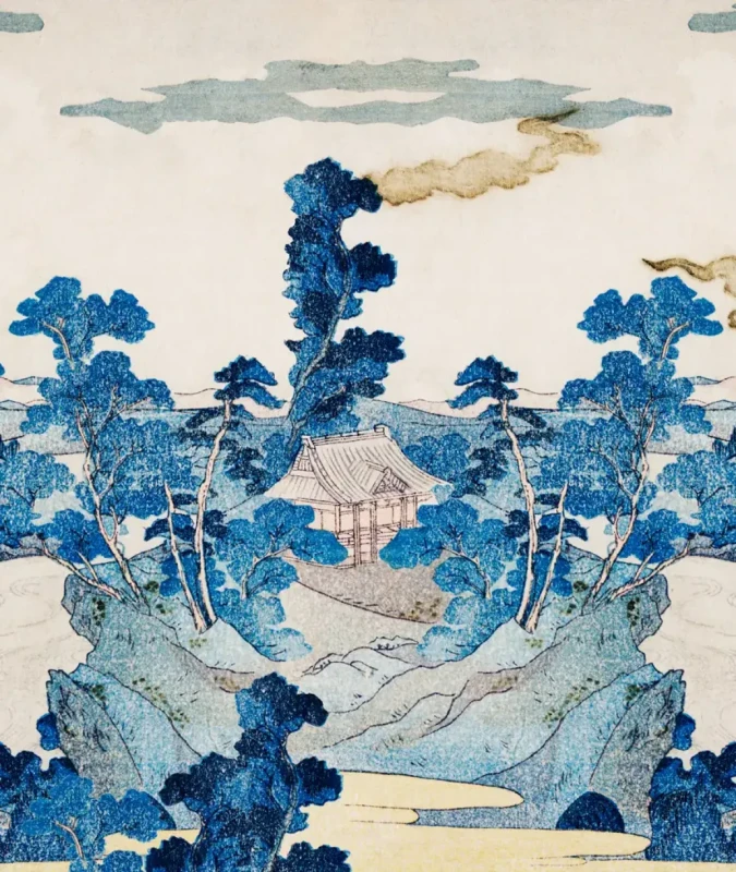 Tapeta japońska pejzaż z górami rzeką i drewnianymi domami Japanese Wallcolors