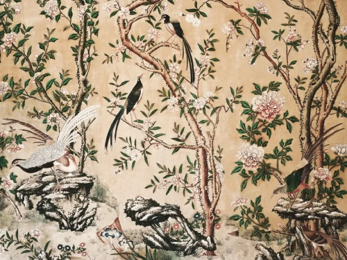 Mural ścienny z ptakami i kwiatami na tle drzew Chinoiserie Wallcolors.webp