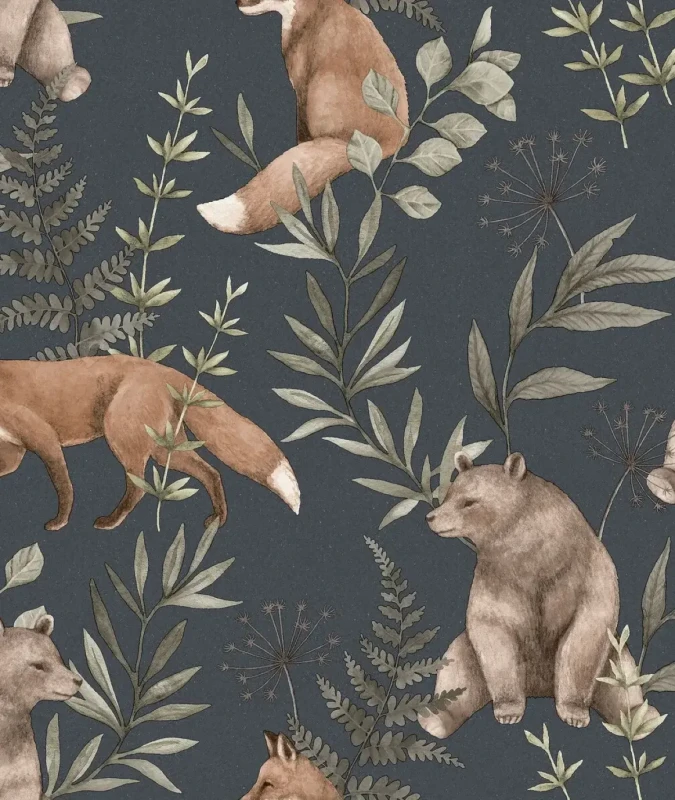 Tapeta leśna dla dzieci z lisami i niedźwiedziami Newbie 6920 Wild Forest.webp