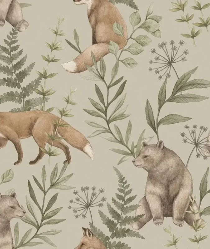 Tapeta leśna dla dzieci z lisami i niedźwiedziami Newbie 6921 Wild Forest.webp