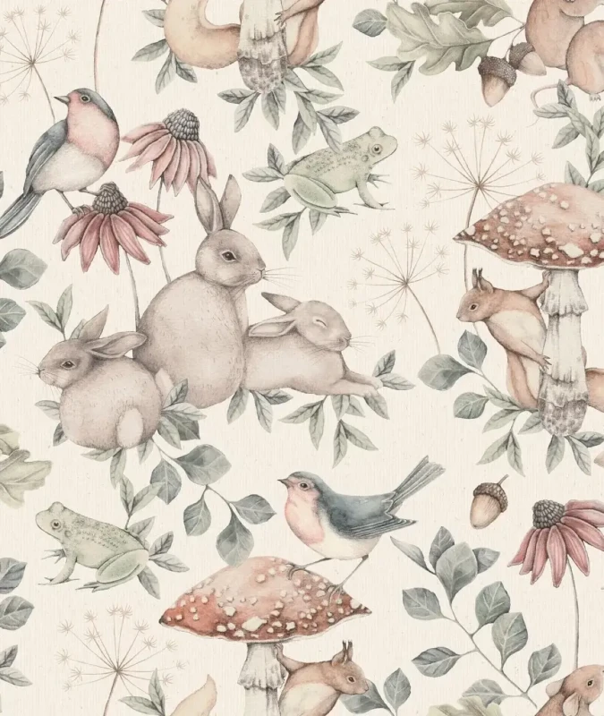 Tapeta dziecięca z królikami i wiewiórkami Newbie 7483 Minou.webp