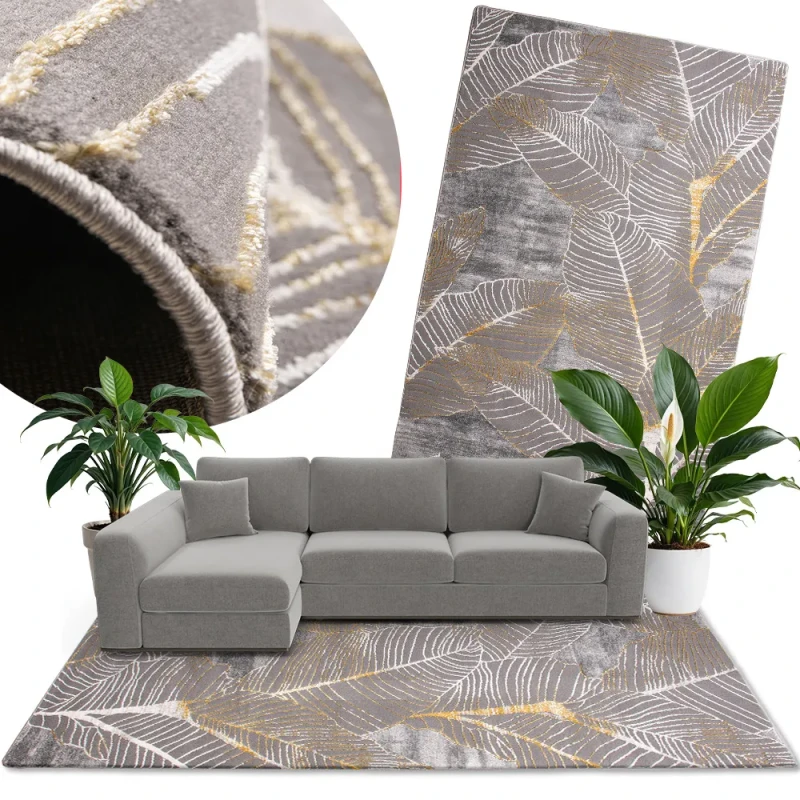 Dywan roślinny w liście Diamond Nicole K4424G szaro-złoty aranżacja
