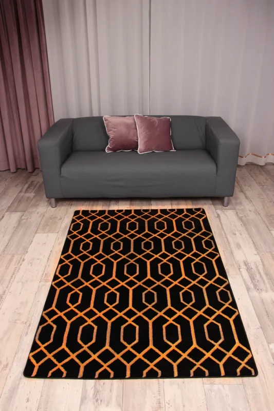 Dywan geometryczny 3d Diamond Tyro K4427G czarno-złoty w salonie