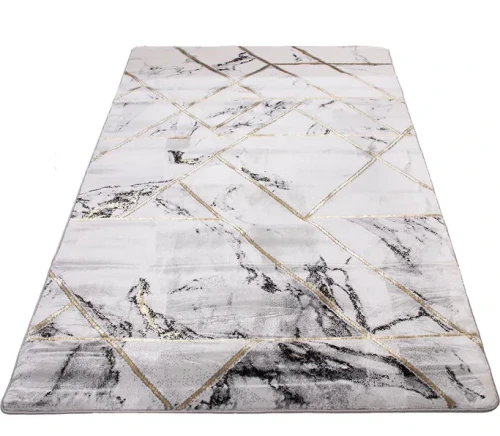 Dywan geometryczny marmur Diamond K4428G szaro-złoty rzut ukośny