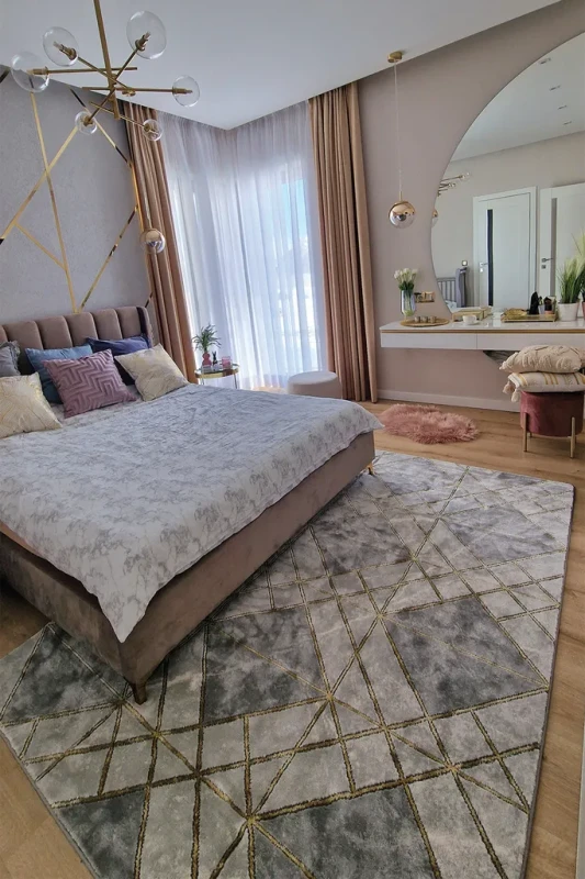 Dywan geometryczny 3d Diamond K4492G szary w sypialni