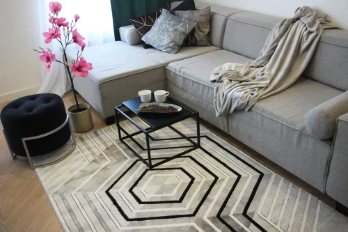 Dywan geometryczny Diamond K4495S szary w salonie