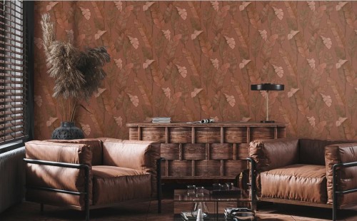 Brązowa tapeta do salonu Rasch 39218-1 liście bananowca
