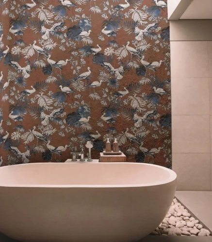 Tapeta z ptakami do łazienki Wallcolors Storks Red.webp