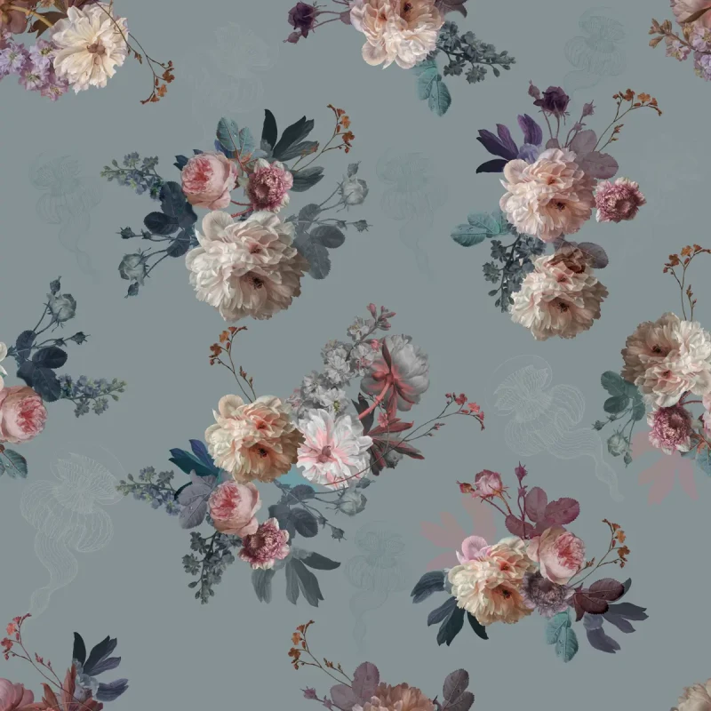 Niebieska tapeta z kwiatami Blush Garden Blue Wallcolors.webp