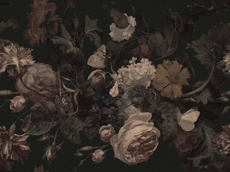 Tapeta w duże kwiaty Dragonfly Garden Black Wallcolors.webp