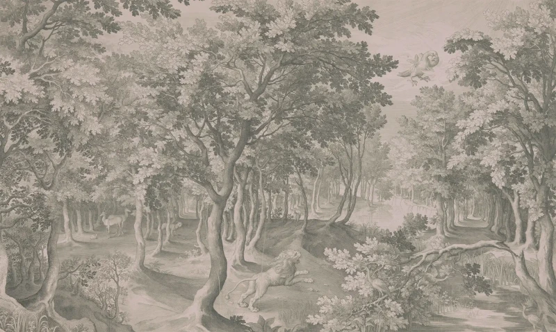 Tapeta leśna vintage Timeless Trees Green Wallcolors.webp