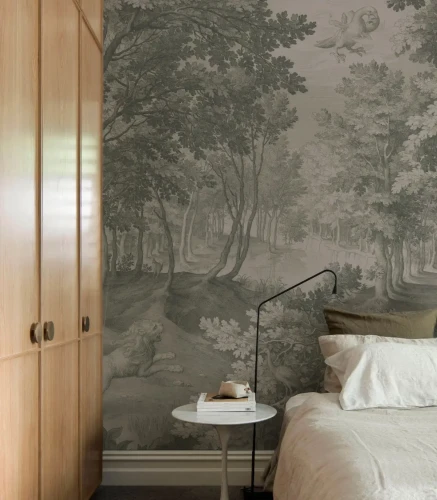 Tapeta w stylu ryciny do sypialni Timeless Trees Green Wallcolors.webp