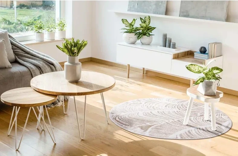 Dywan okrągły Salamanca liście beżowy w salonie