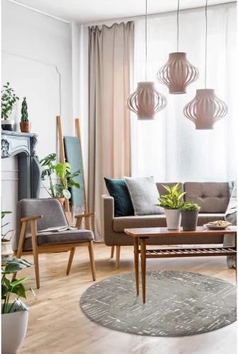 Dywan okrągły Venesia przecierka 3d szary w salonie