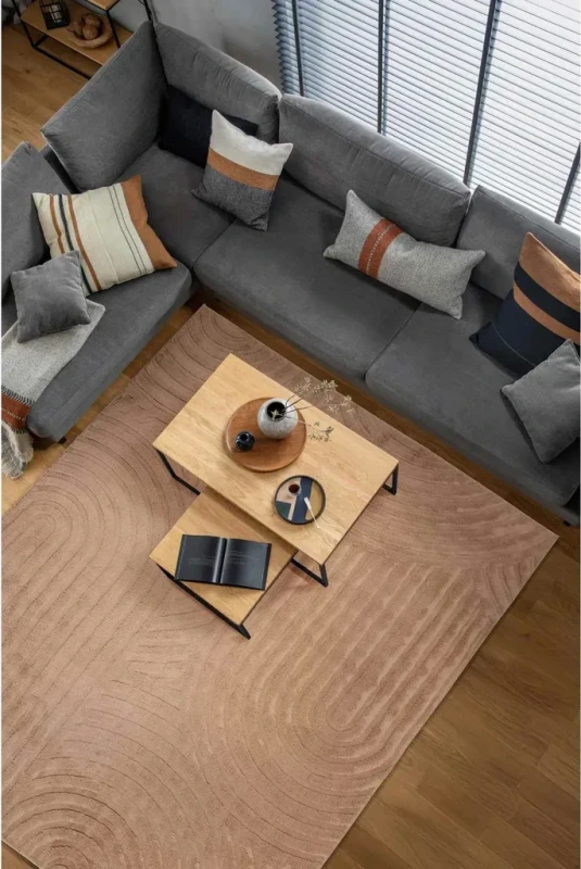 Dywan pluszowy Venesia modern 3d beżowy w salonie