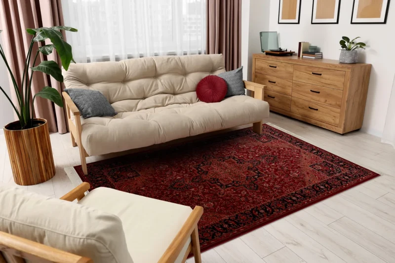 Dywan tradycyjny Orient Y307 bordowo-czarny w salonie