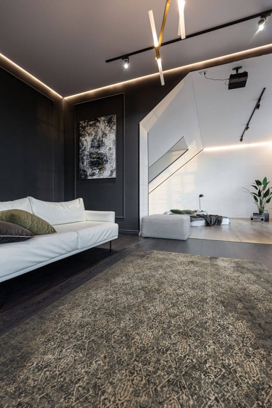 Dywan wełniany Agnella Isfahan Rezi kolor popiel w nowoczesnym salonie