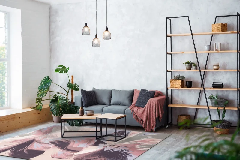 Dywan wełniany Agnella Calisia Anyl alabastrowy w pokoju dziennym z grafitową kanapą i regałem w stylu loft