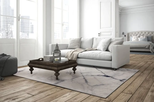 Dywan wełniany Agnella Isfahan Marmur na drewnianej podłodze w białym wnętrzu ze sztukaterią