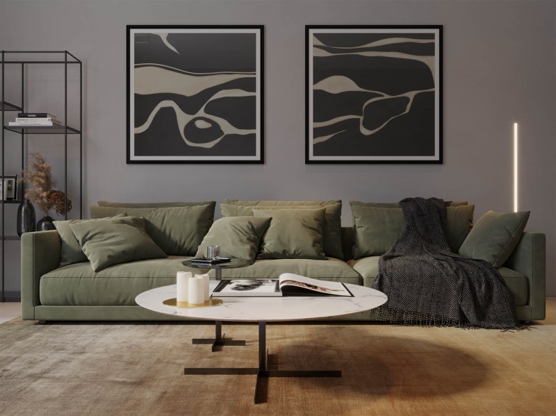 Dywan Carpet Decor Handmade Sunset taupe w salonie na tle zielonej kanapy