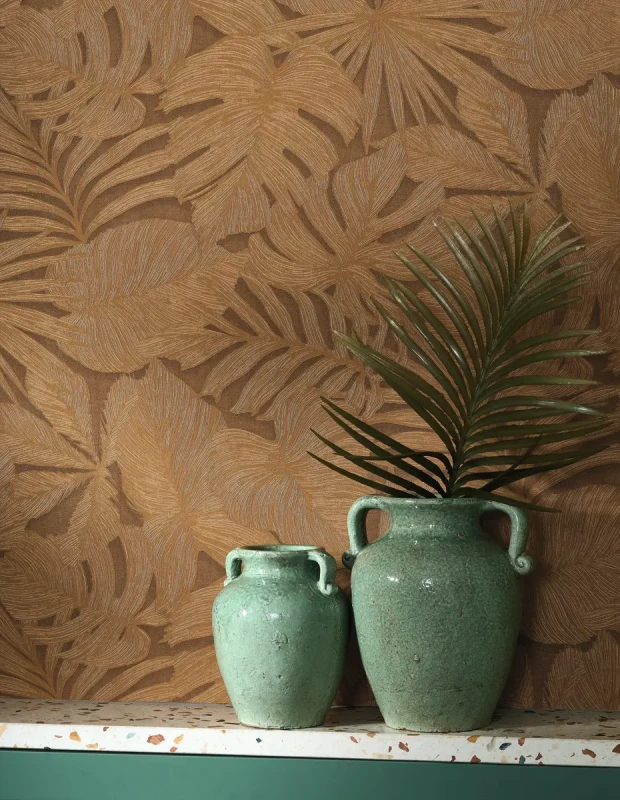 Tapeta brązowa duże liście Casadeco Vegetals 86432909 Granada.webp