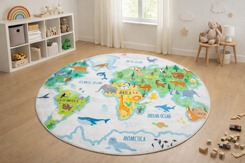 Dywan okrągły dziecięcy 250321N Kids mapa świata do pokoju dziecka