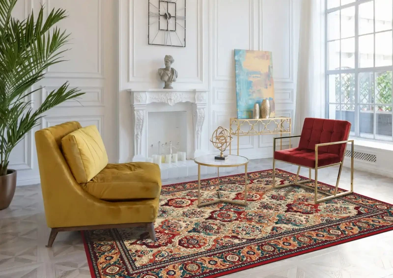 Dywan wełniany Agnella Isfahan Forenza bordowy w salonie w stylu glamour