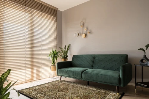 Dywan klasyczny FD Standard Bergenia oliwkaw pokoju przy zielonej sofie